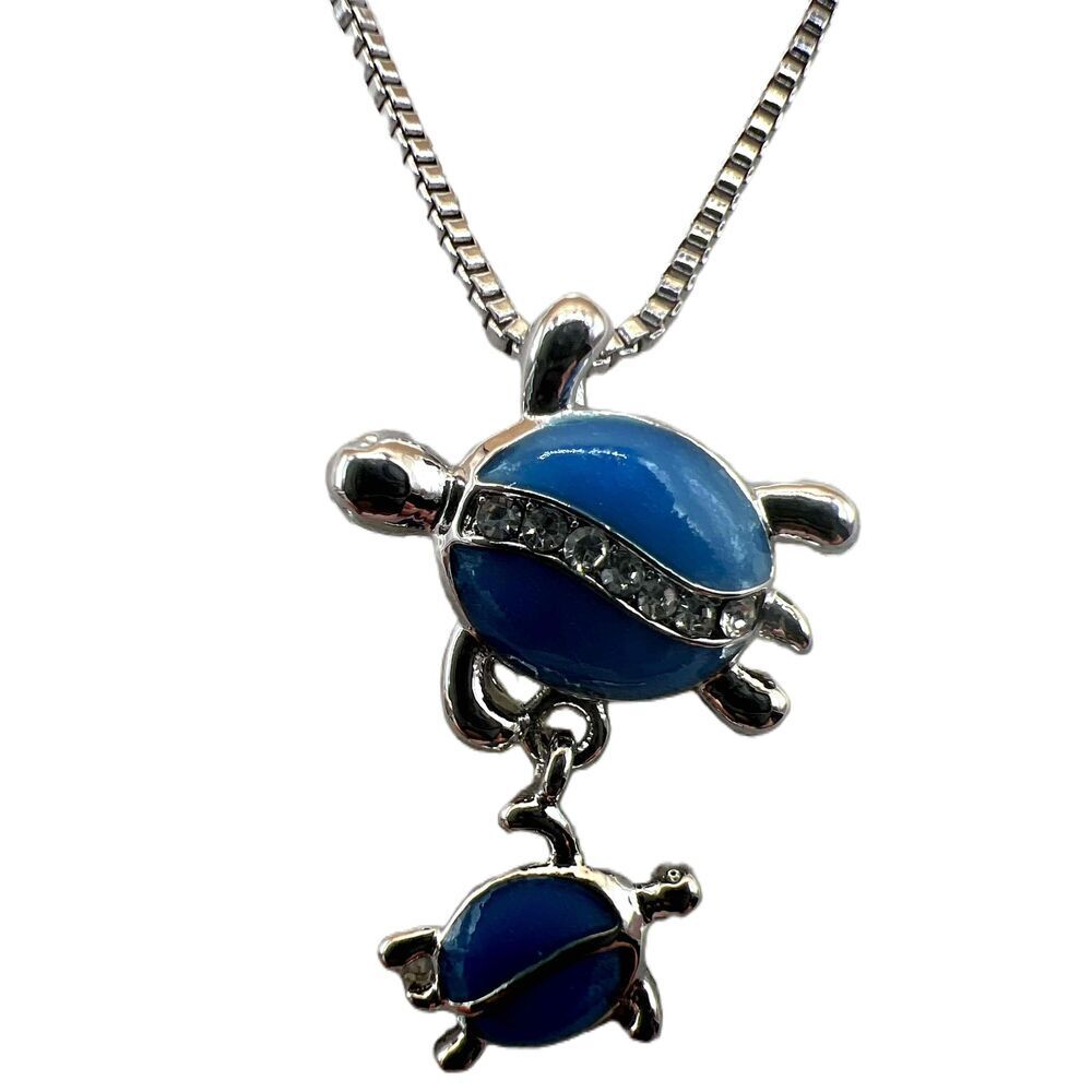 NEW Blue Enamel Crystal Inlay Turtle Design Pendant Necklace - Picture 4 of 10